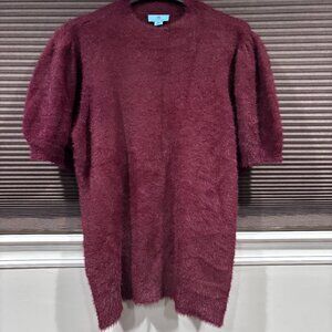CeCe Women's Burgundy Short Sleeve Mock Neck Eyelash Knit sweater SZ: XL